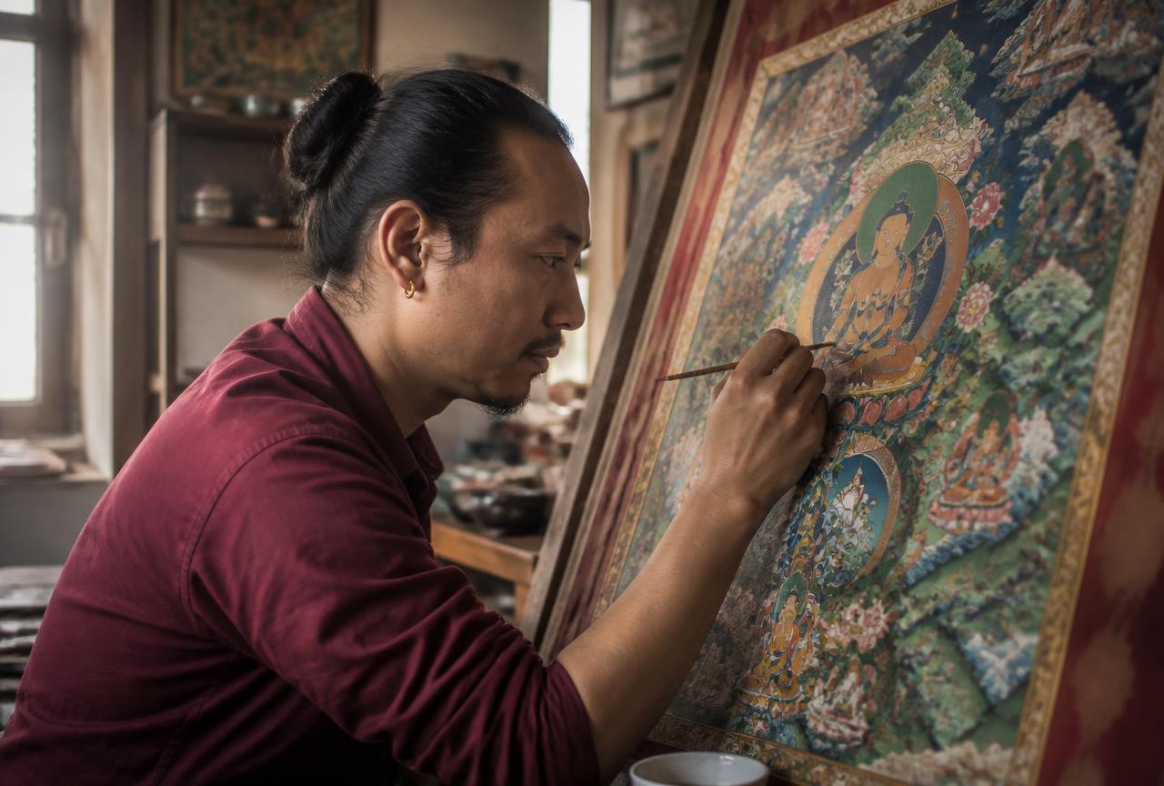 A painter working through the stages of a thangka