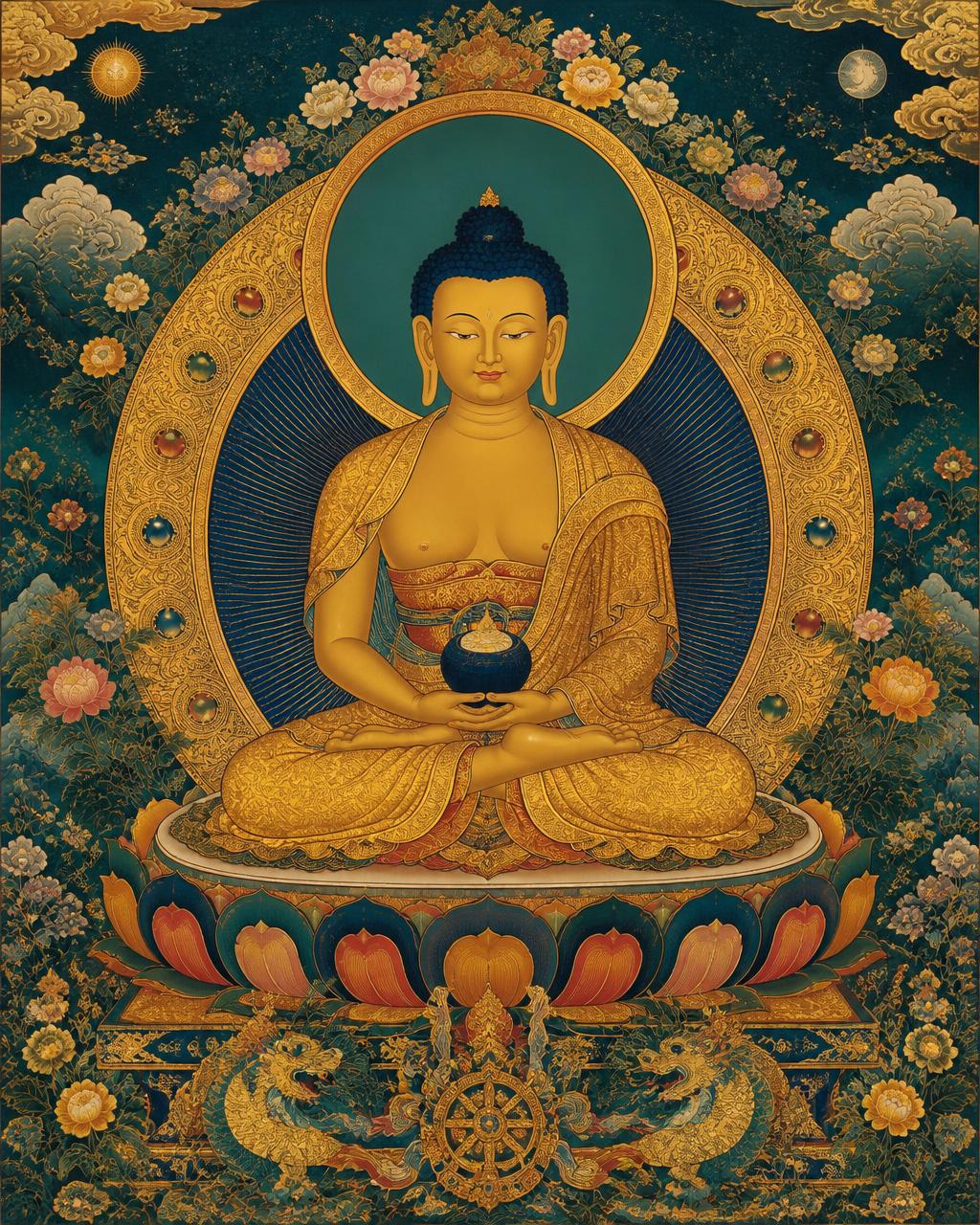 Shakyamuni Buddha thangka painted in mineral pigment and gold