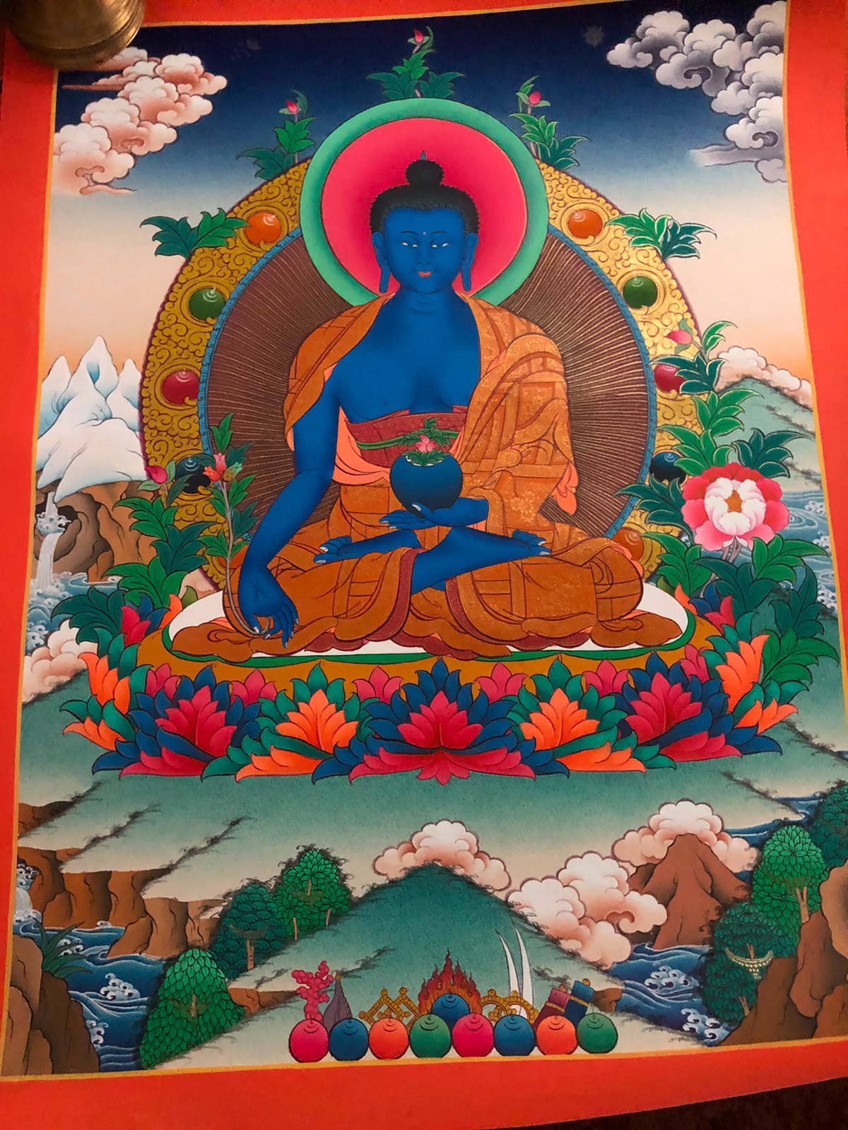 Shakyamuni Buddha with Auspicious Offerings Hand-Painted Landscape Thangka