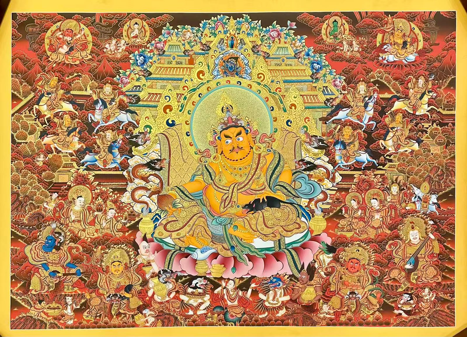 Yellow Jambhala and the Four Heavenly Kings (Lokapala) Red-Sky Thangka