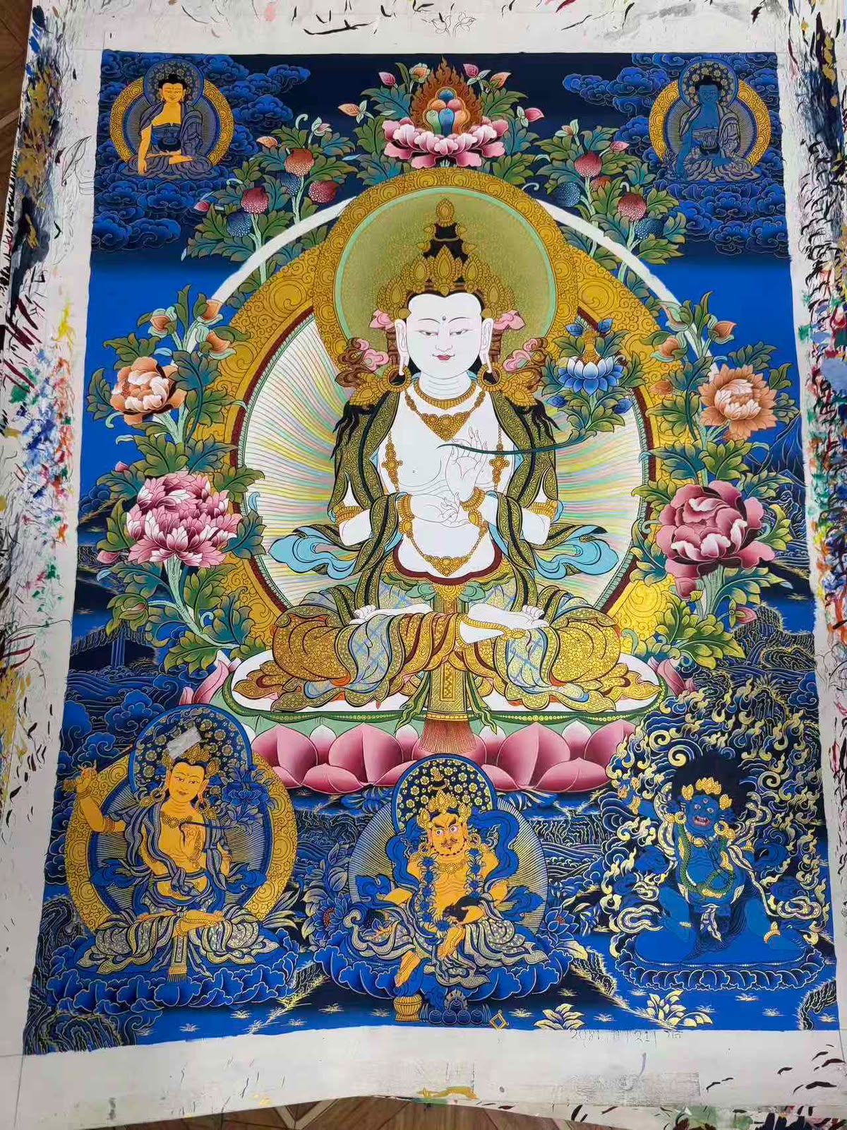 White Manjushri / Bodhisattva of Wisdom with Retinue Blue-Ground Thangka