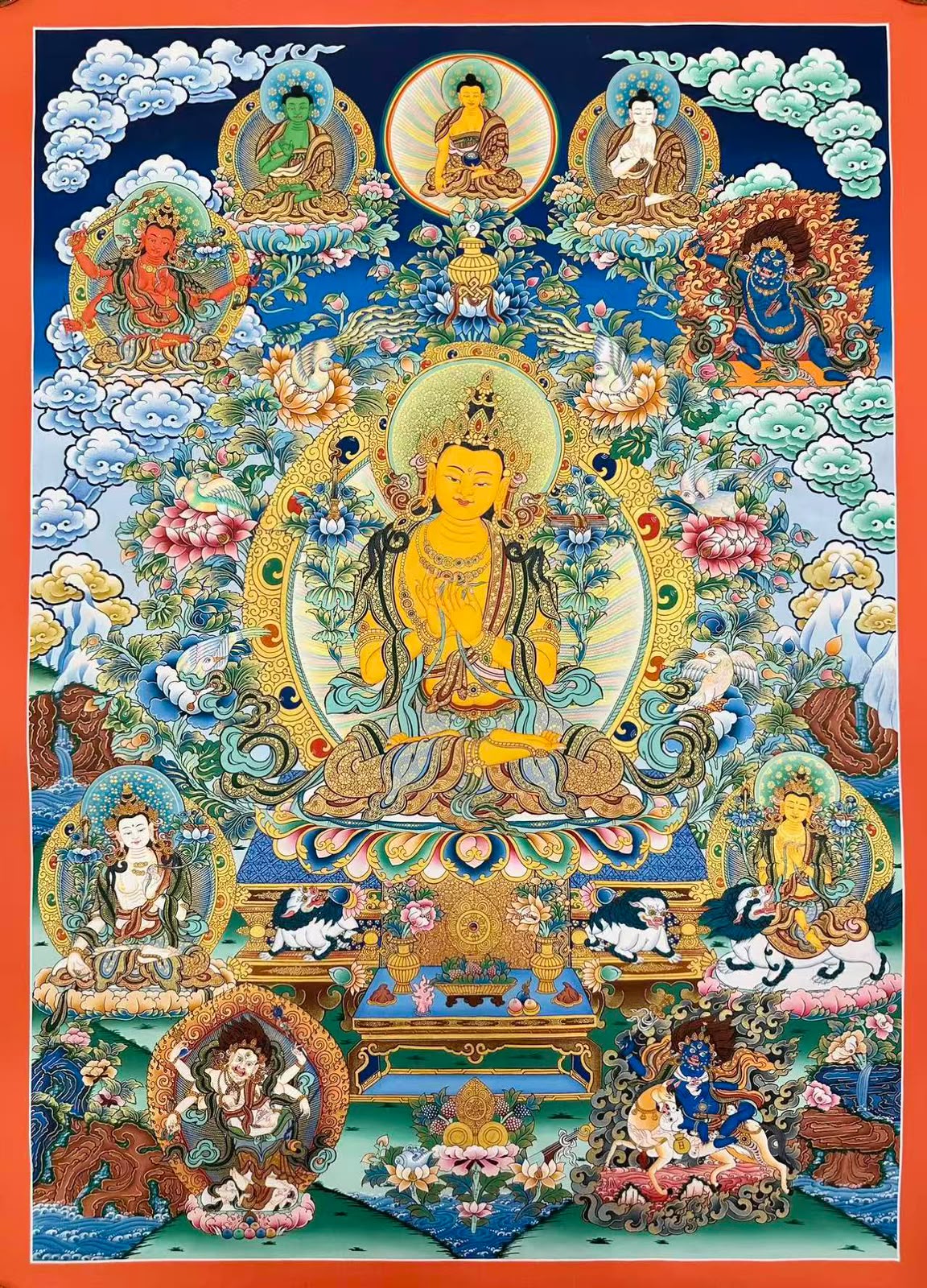 Maitreya Buddha (Gyalwa Champa) with Retinue and Deities Hand-Painted Thangka