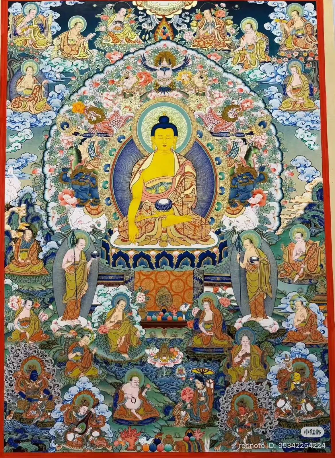 Shakyamuni Buddha with Shariputra, Maudgalyayana, and the Sixteen Arhats Thangka