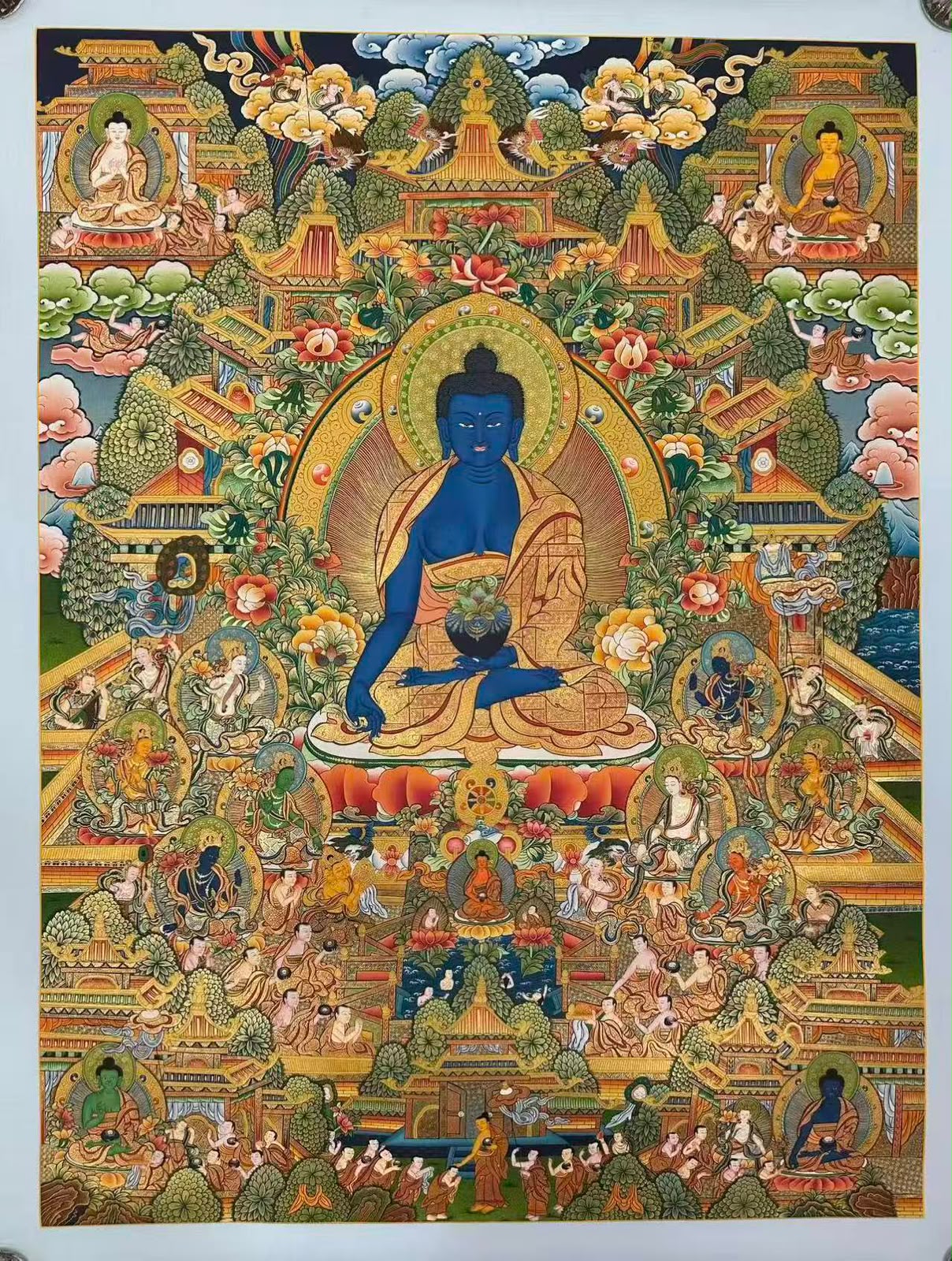 Medicine Buddha (Sangye Menla) & Pure Land of Lapis Lazuli Thangka Painting