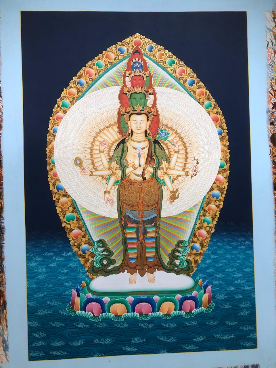 Standing Thousand-Armed Chenrezig on Lotus Ocean Traditional Thangka